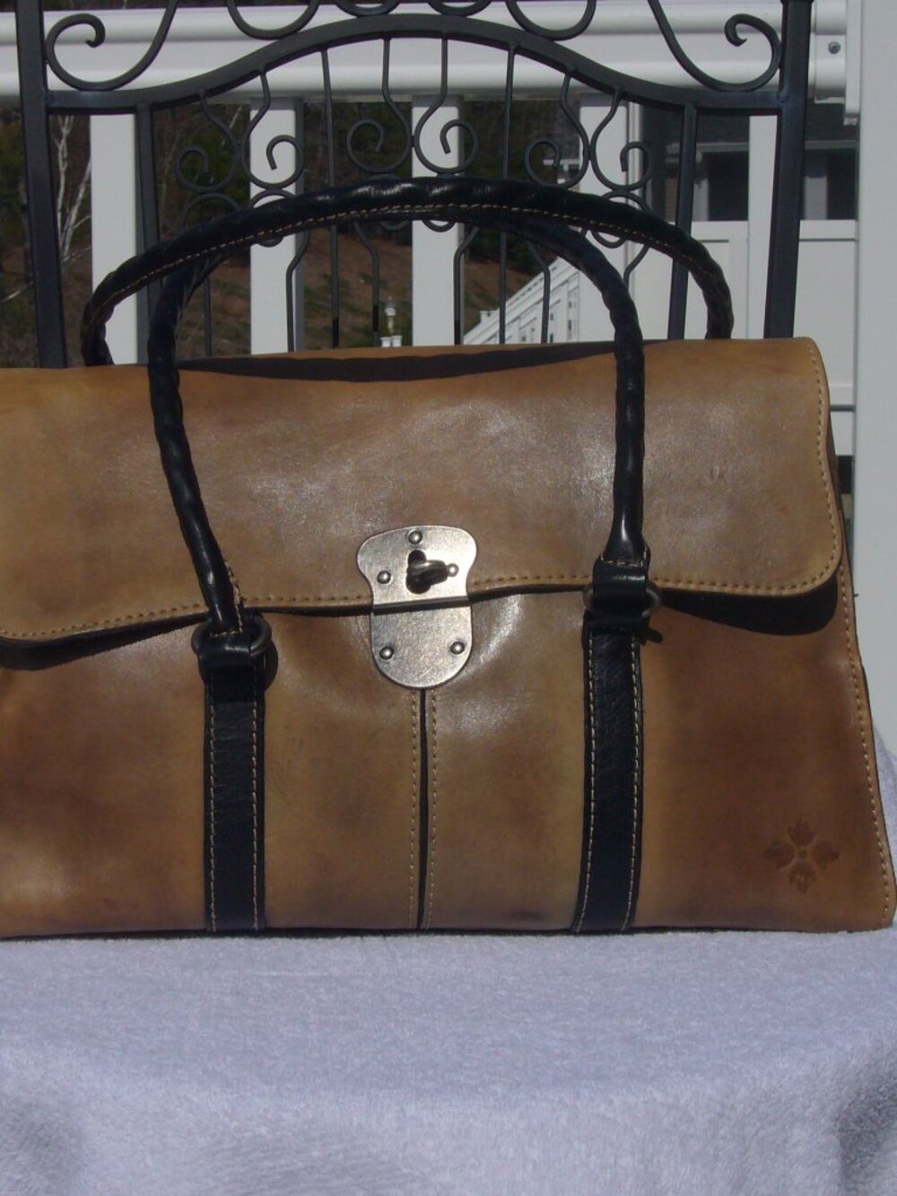 Patricia Nash Vienna Satchel Tan Black Braided Strap Shoulder Bag VERY GOOD!